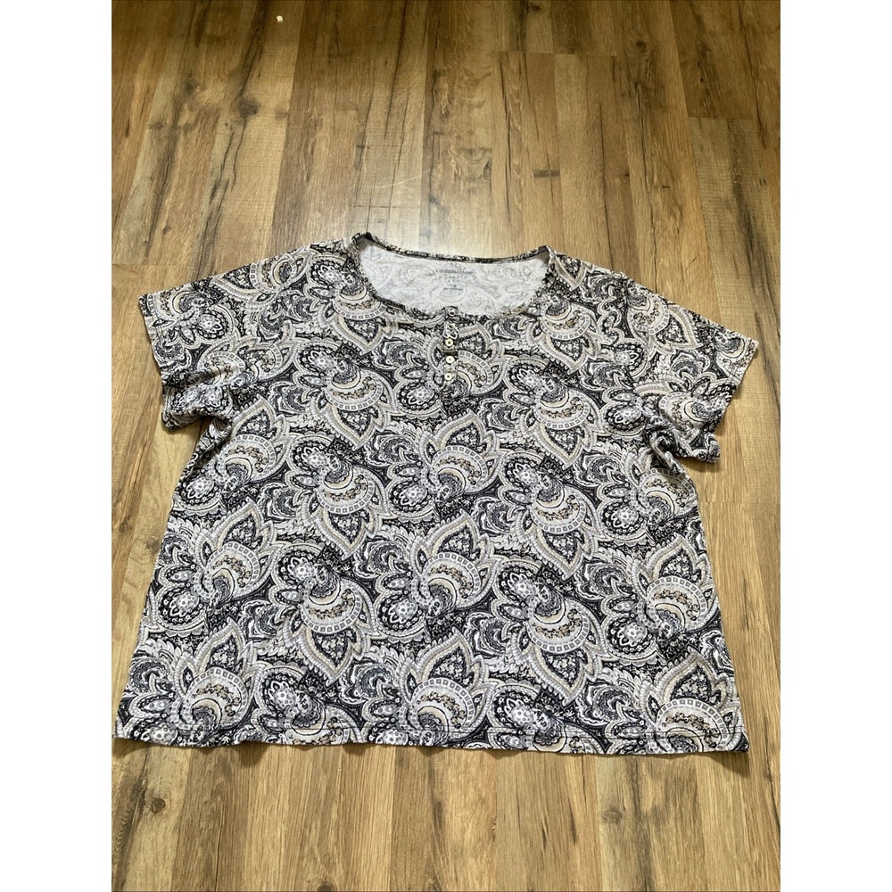 Womens Croft & Barrow Plus Size 2X Classic Tee White Black Paisley Cotton
